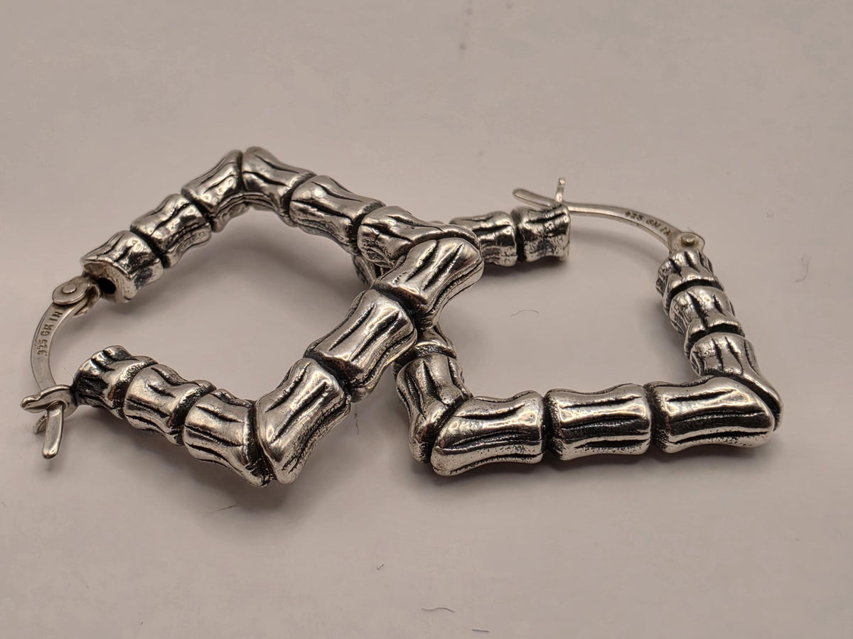 Sterling Silver Square Bamboo Hoop Earrings | Textured Geometric Hoops