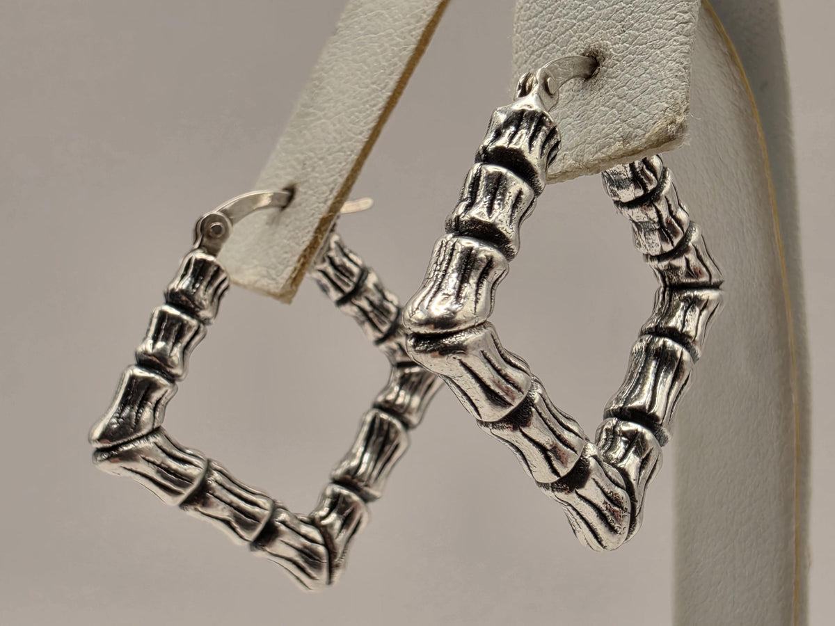 Sterling Silver Square Bamboo Hoop Earrings | Textured Geometric Hoops