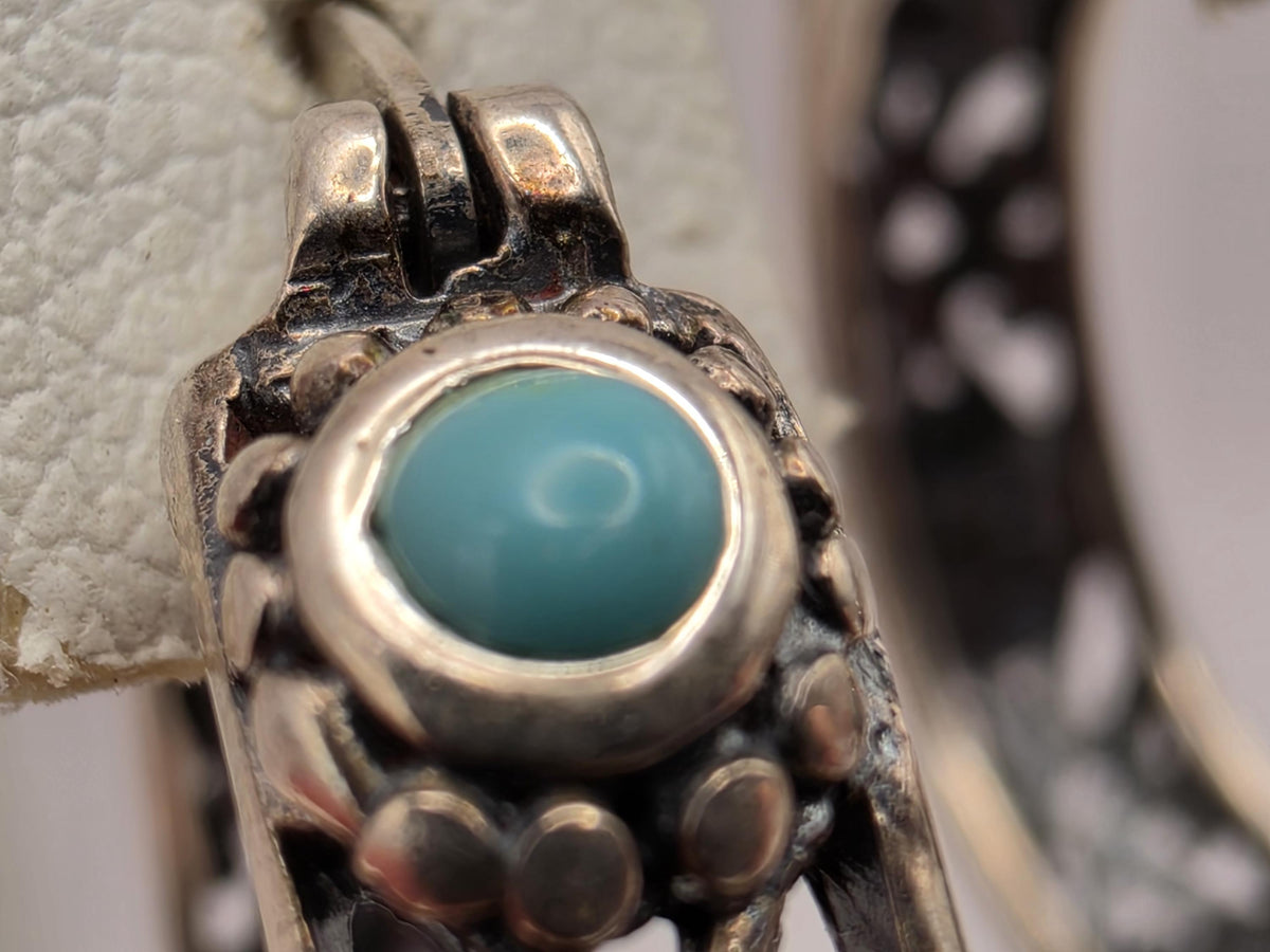 Sterling Silver Turquoise Bali Hoop Earrings | Oxidized Filigree Hoops