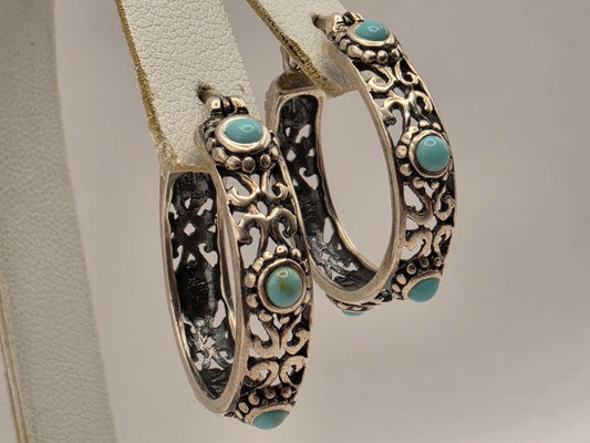 Sterling Silver Turquoise Bali Hoop Earrings | Oxidized Filigree Hoops