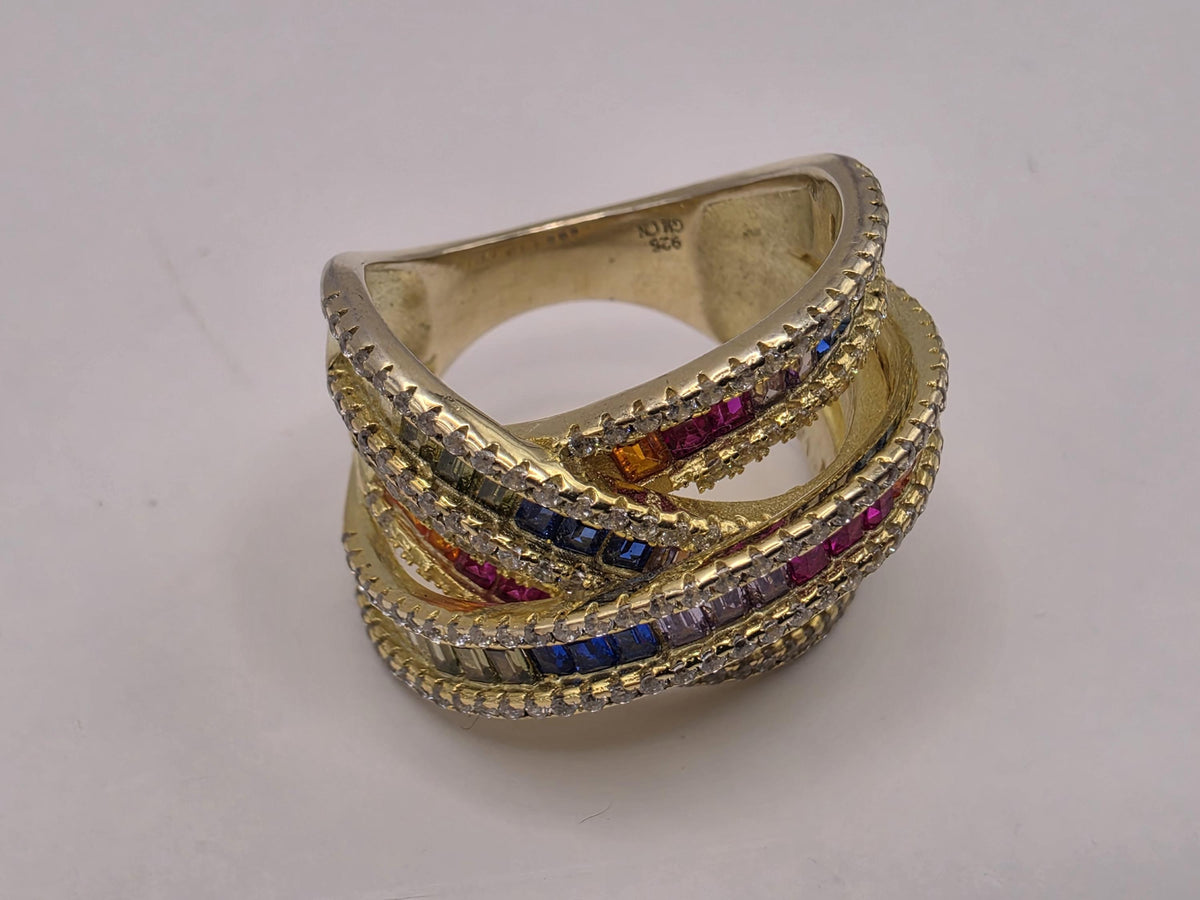 Gold Plated Sterling Silver Rainbow CZ Ring | Wide Crossover Multirow Band, Size 7