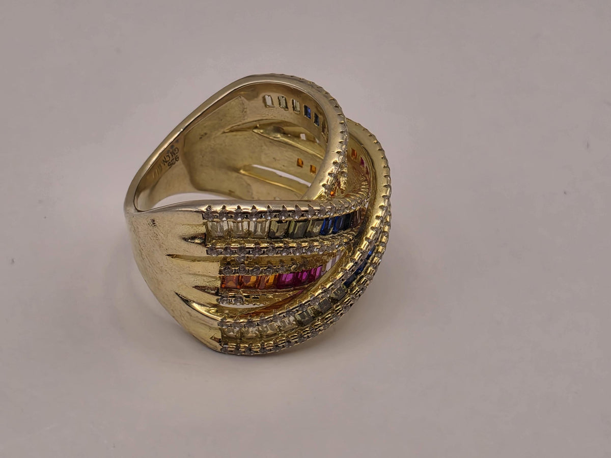 Gold Plated Sterling Silver Rainbow CZ Ring | Wide Crossover Multirow Band, Size 7