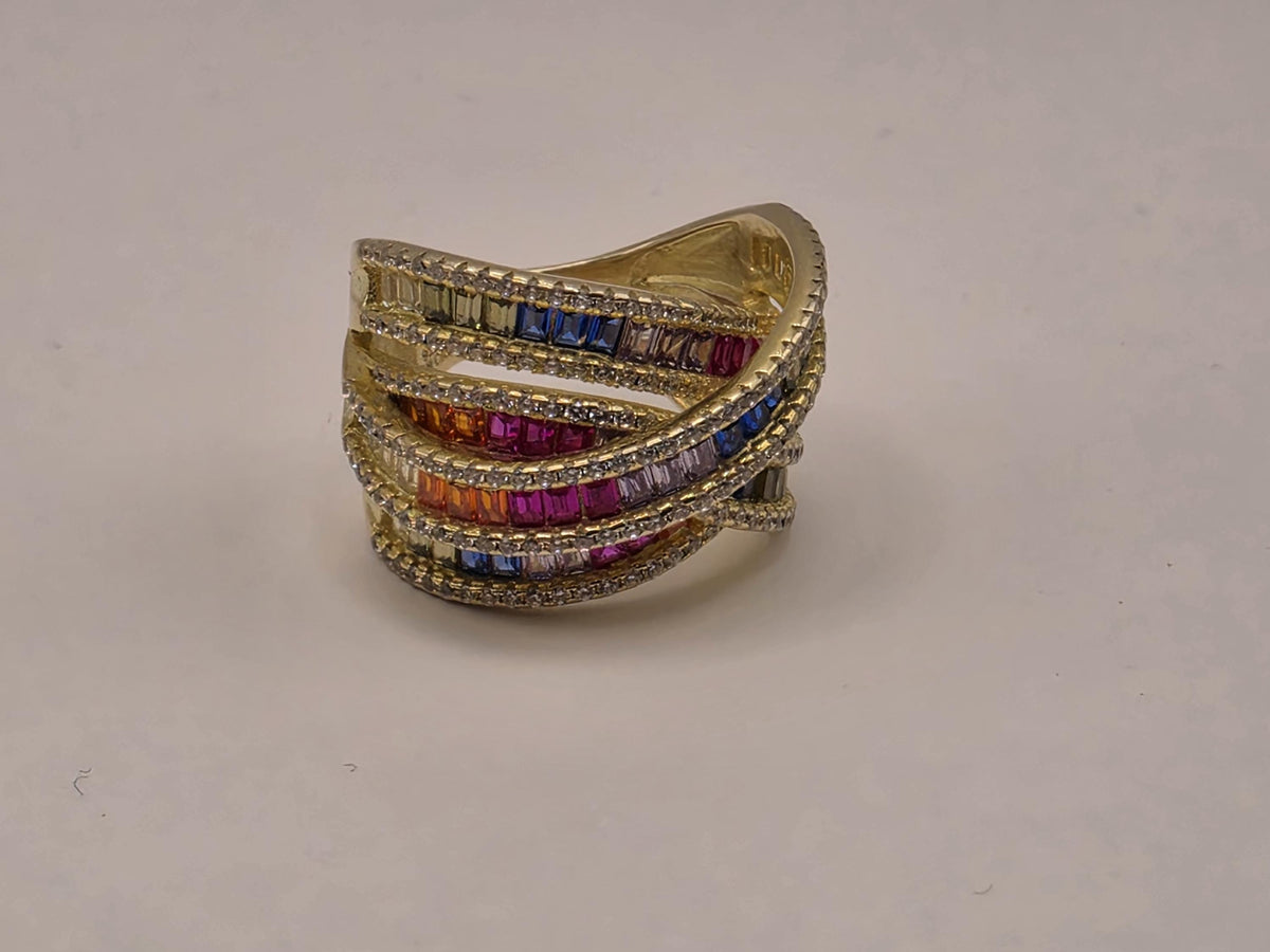 Gold Plated Sterling Silver Rainbow CZ Ring | Wide Crossover Multirow Band, Size 7