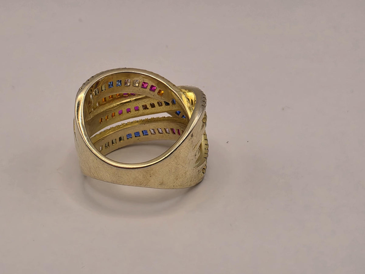 Gold Plated Sterling Silver Rainbow CZ Ring | Wide Crossover Multirow Band, Size 7