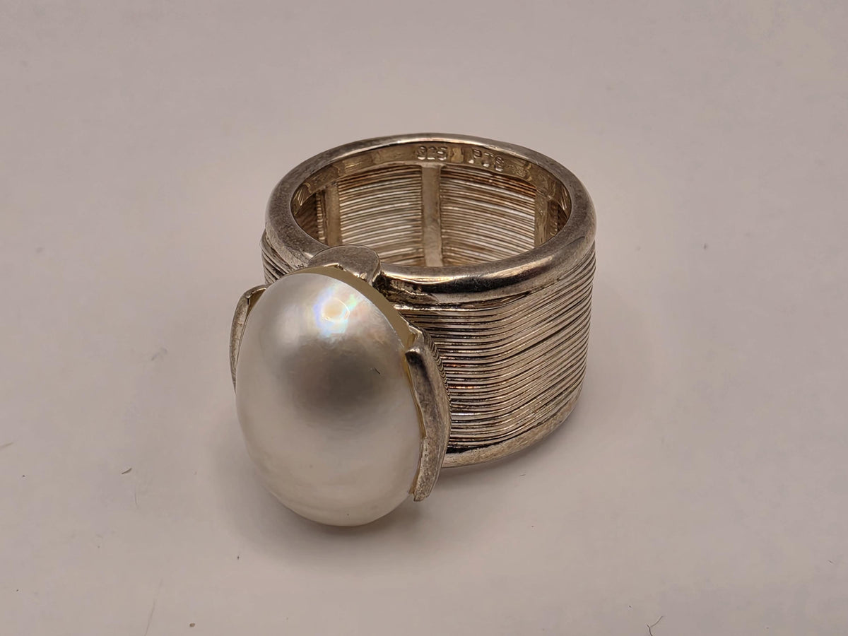 Handmade Sterling Silver White Pearl Ring | Wide Wire Wrap Band, Size 7