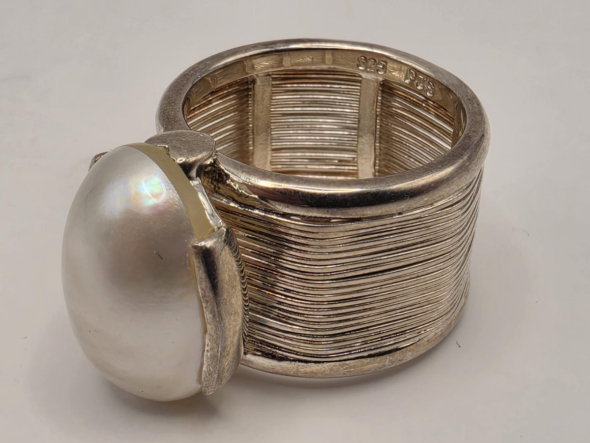 Handmade Sterling Silver White Pearl Ring | Wide Wire Wrap Band, Size 7