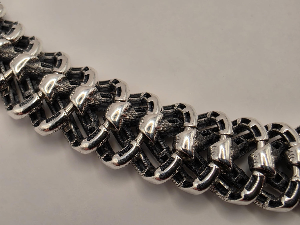 Sterling Silver Chevron Chain Bracelet, 8 Inch, 9mm, Black CZ Clasp