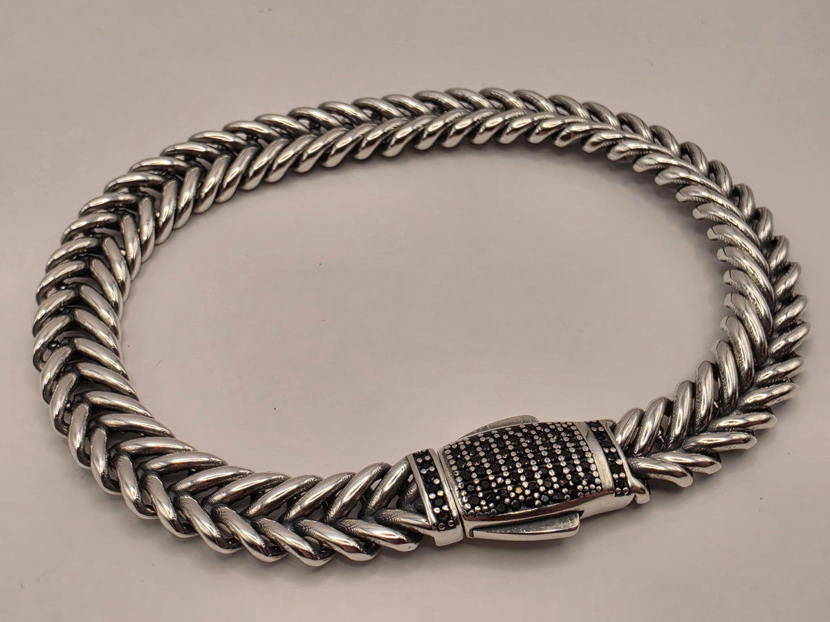 Sterling Silver Chevron Chain Bracelet, 8 Inch, 9mm, Black CZ Clasp