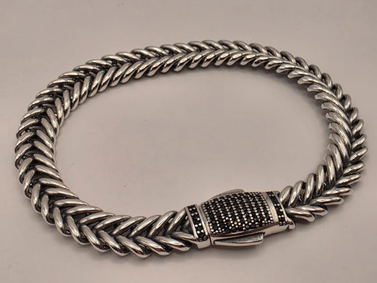 Sterling Silver Chevron Chain Bracelet, 8 Inch, 9mm, Black CZ Clasp