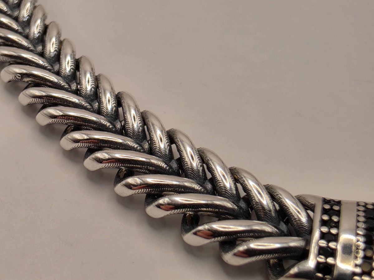 Sterling Silver Chevron Chain Bracelet, 8.5 Inch, 9mm, Black CZ Clasp