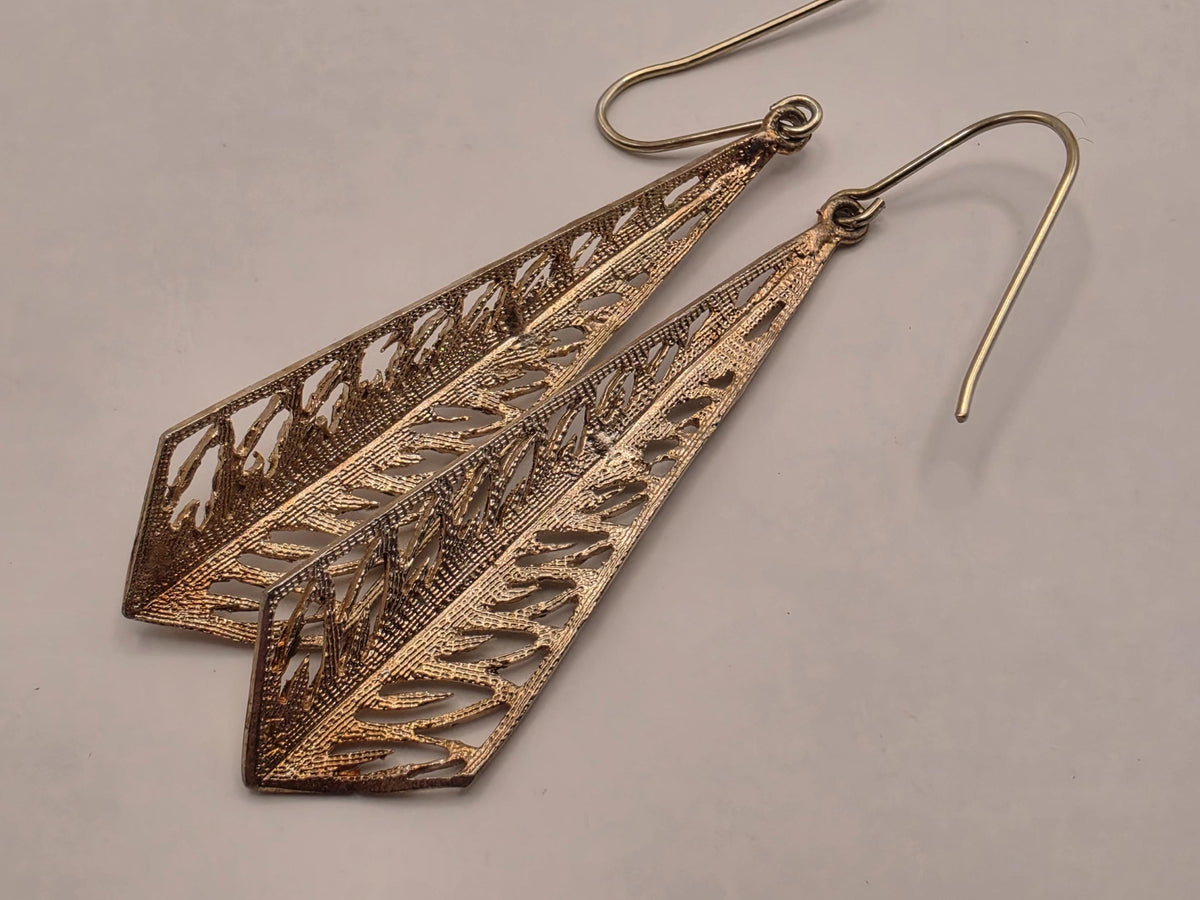 Gold Plated Sterling Silver Openwork Pointed Drop Earrings, 35mm