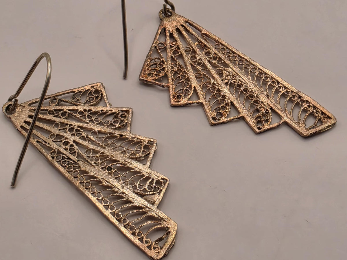 Gold Plated Sterling Silver Fan Filigree Drop Earrings, 36mm