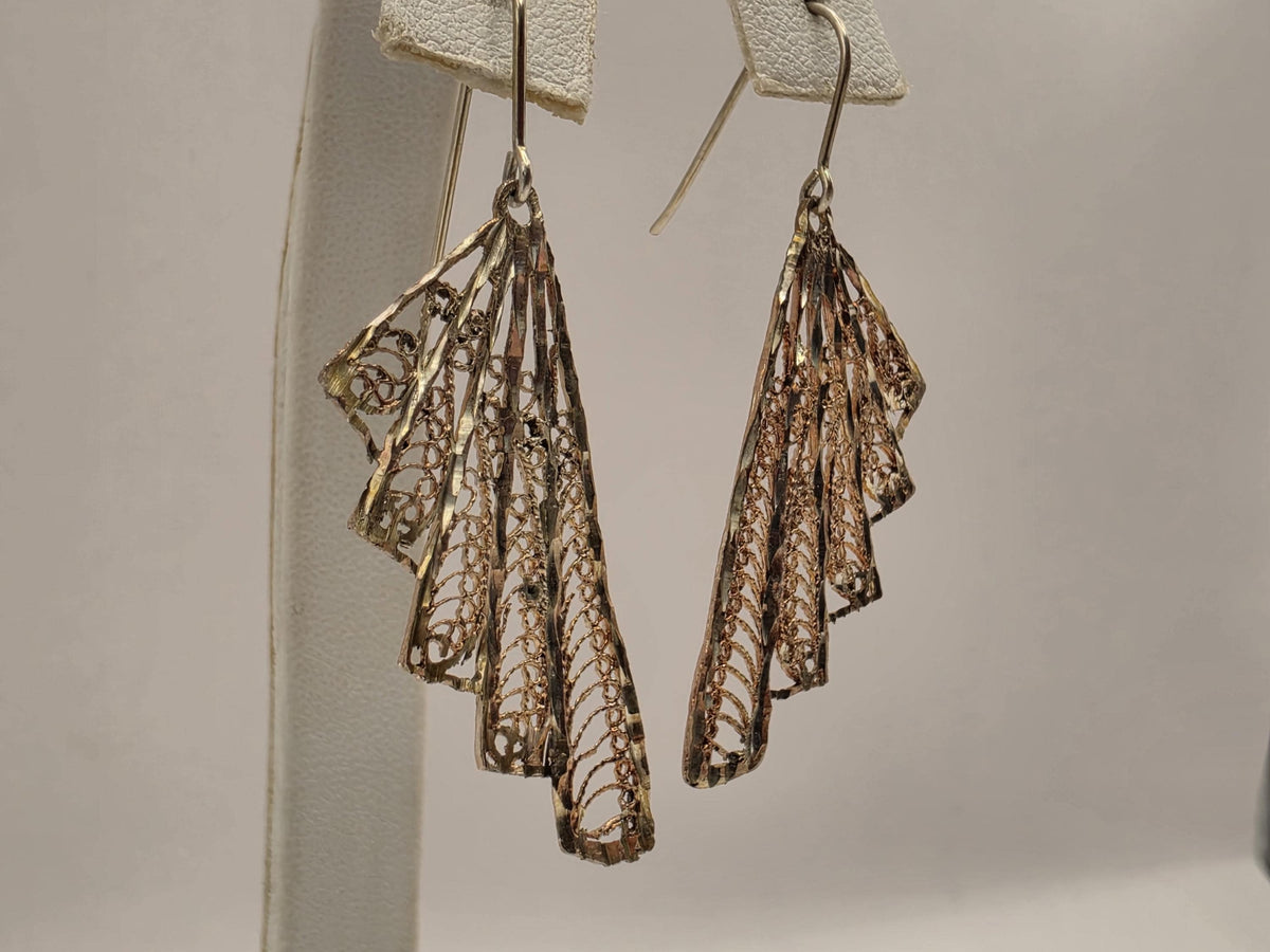 Gold Plated Sterling Silver Fan Filigree Drop Earrings, 36mm