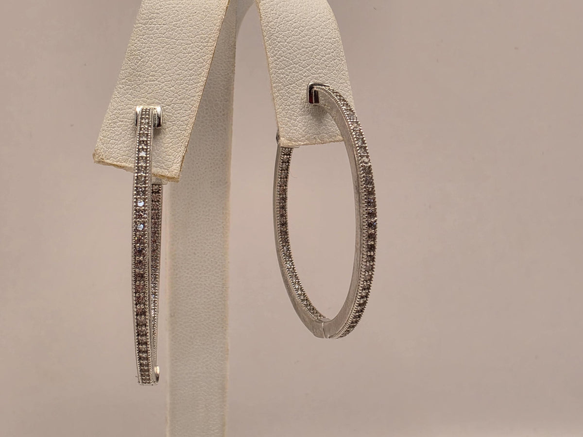 Sterling Silver CZ Hoop Earrings, 1.25 Inch, 8.7g Pair
