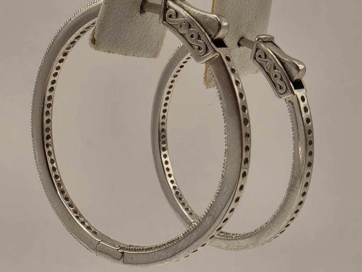 Sterling Silver CZ Hoop Earrings, 1.25 Inch, 8.7g Pair