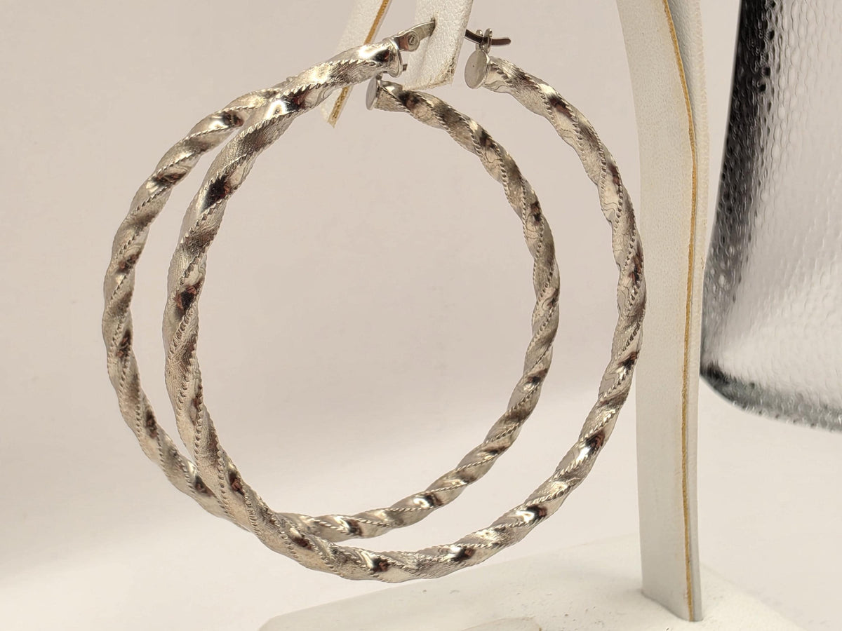 Sterling Silver Textured Twist Hoop Earrings, 2 Inch, 7.4g Pair