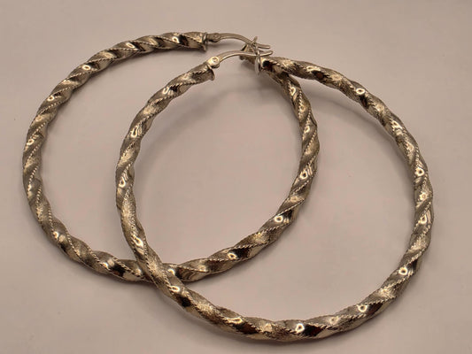 Sterling Silver Textured Twist Hoop Earrings, 2 Inch, 7.4g Pair