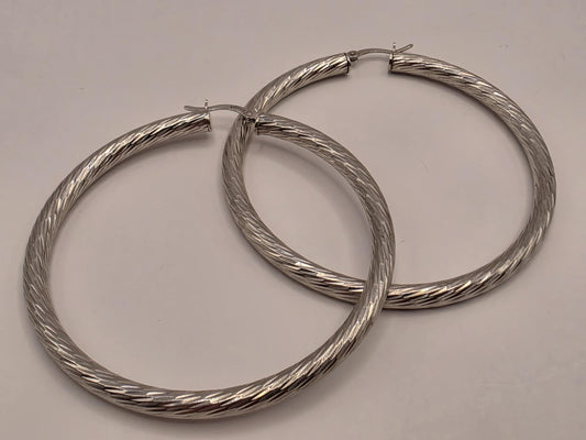 Sterling Silver Etched Twist Hoop Earrings, 2 Inch, 12.6g Pair