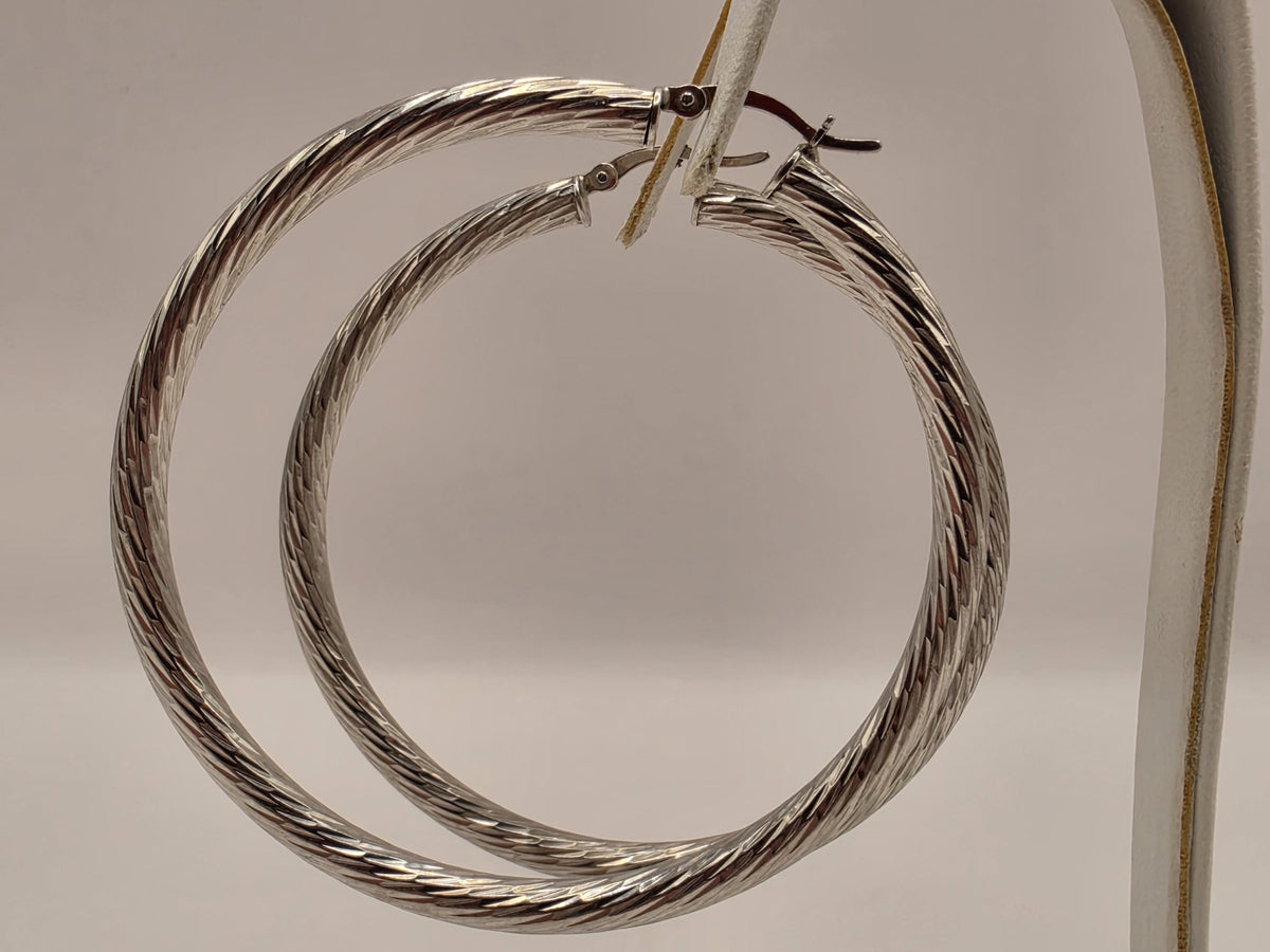 Sterling Silver Etched Twist Hoop Earrings, 2 Inch, 12.6g Pair