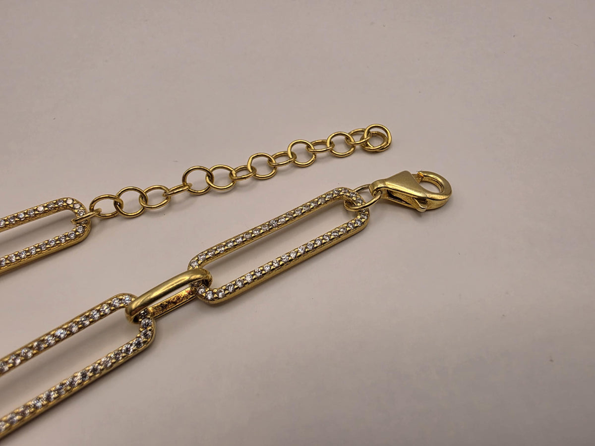 Gold Plated Sterling Silver CZ Paperclip Necklace | 20 Inch Geometric Link Chain
