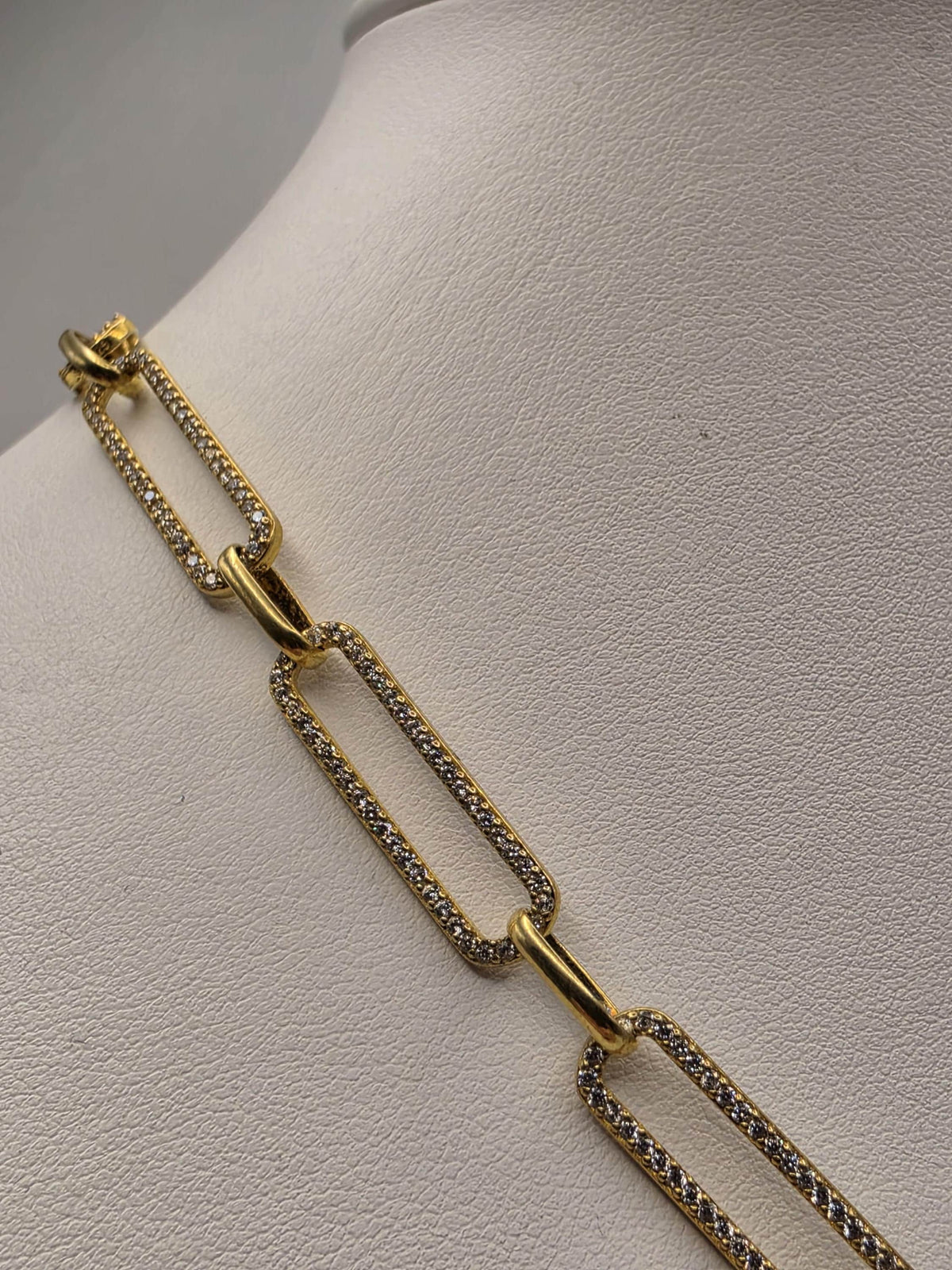 Gold Plated Sterling Silver CZ Paperclip Necklace | 20 Inch Geometric Link Chain