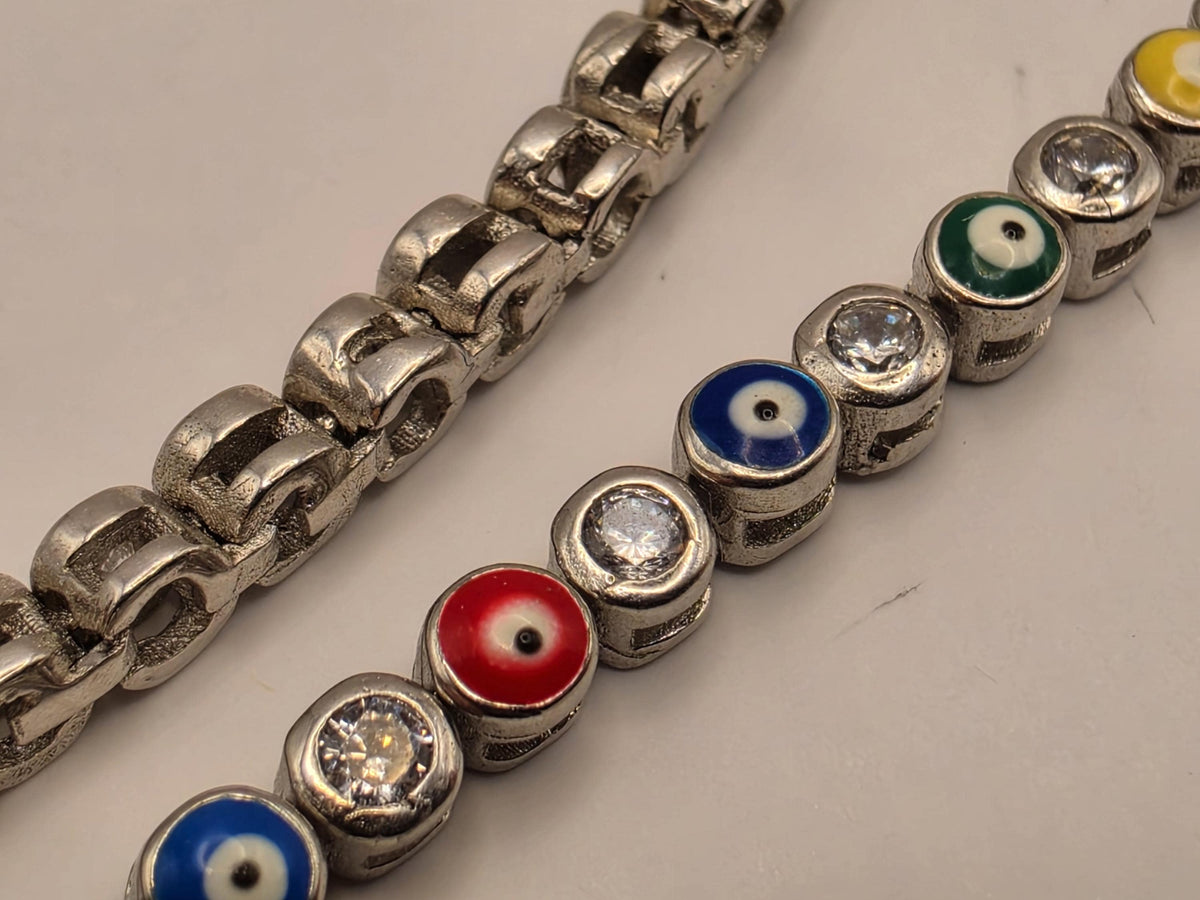 Sterling Silver Multicolor Evil Eye Anklet | Adjustable CZ Tennis Chain