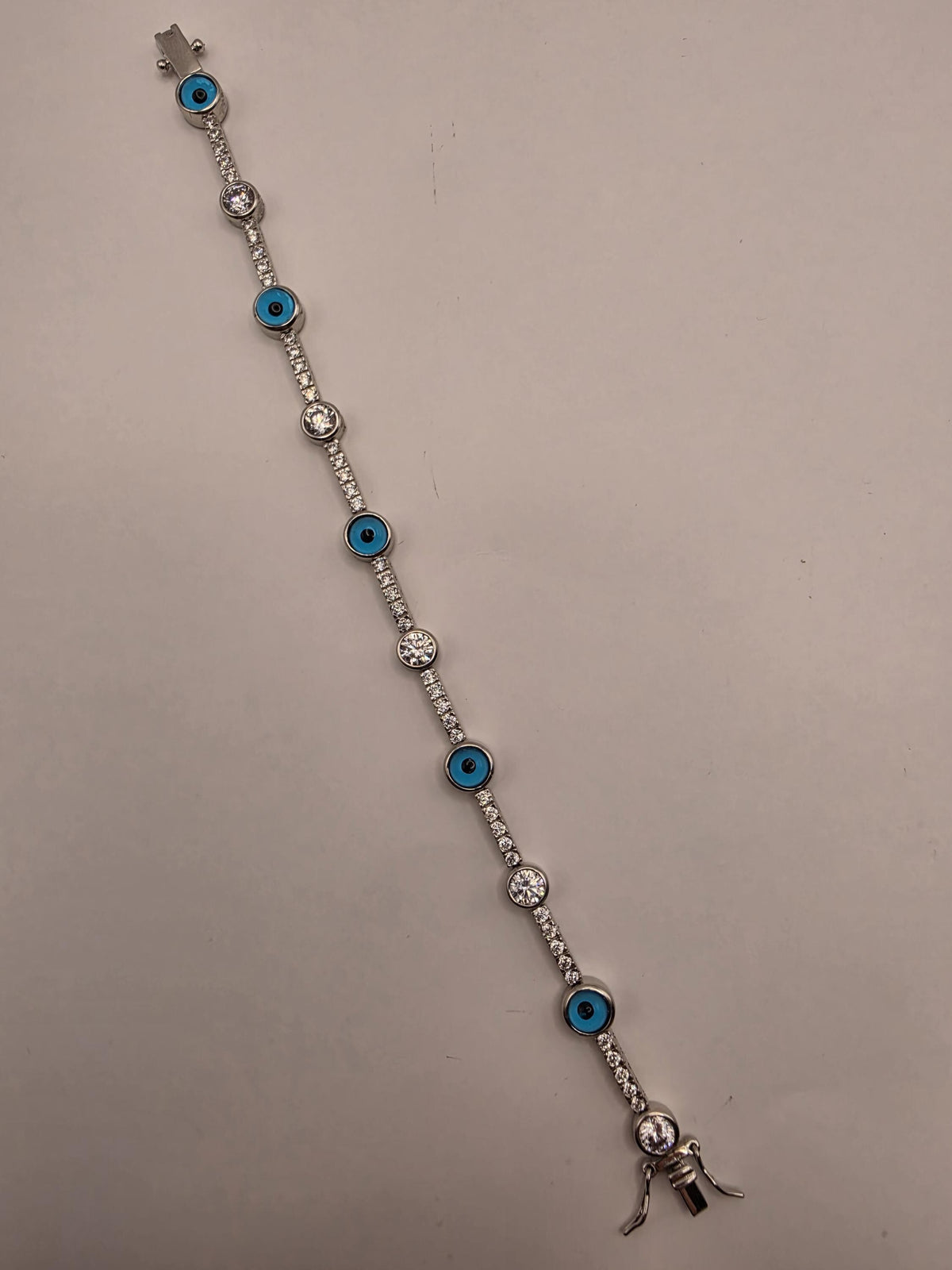 Sterling Silver Blue Evil Eye Bracelet | Clear CZ Tennis Link, 7.5 Inch