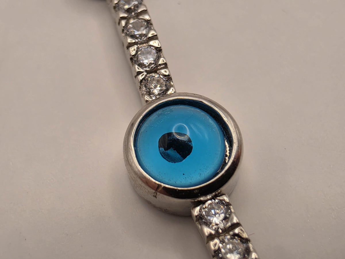 Sterling Silver Blue Evil Eye Bracelet | Clear CZ Tennis Link, 7.5 Inch