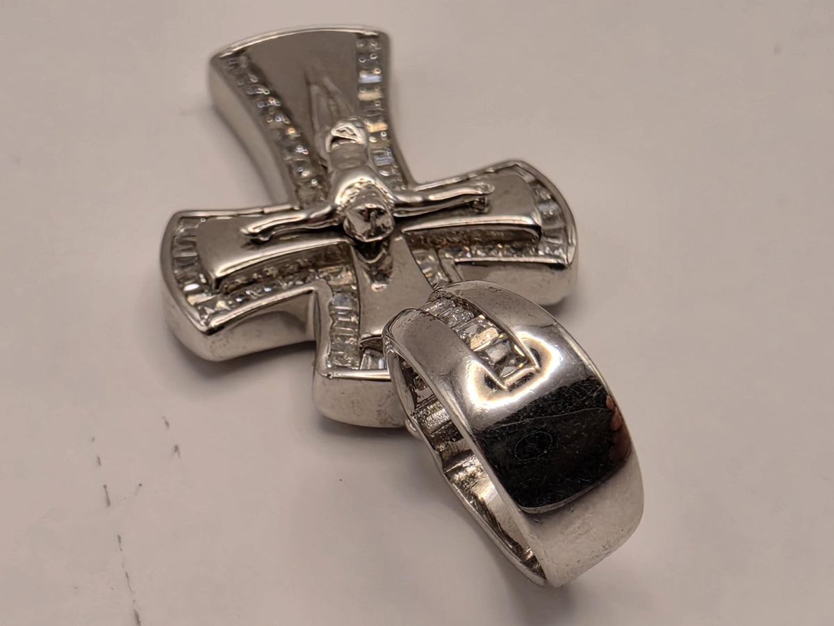 Sterling Silver CZ Crucifix Cross Pendant | Baguette Border Layered Design