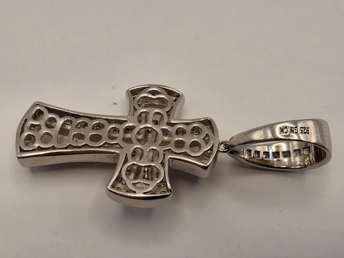 Sterling Silver CZ Crucifix Cross Pendant | Baguette Border Layered Design