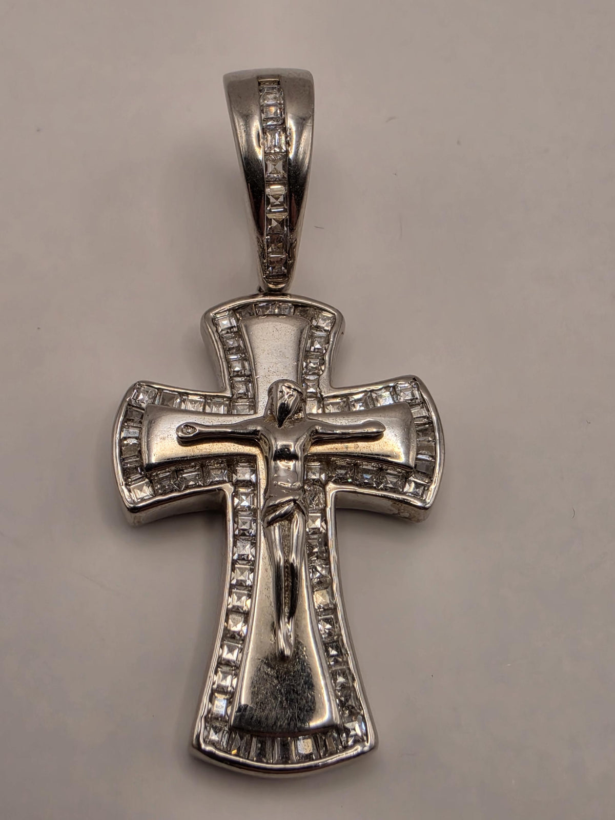 Sterling Silver CZ Crucifix Cross Pendant | Baguette Border Layered Design