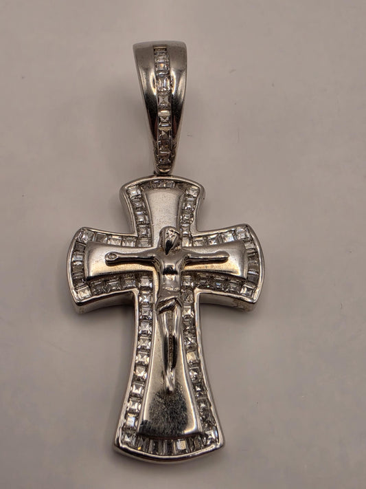 Sterling Silver CZ Crucifix Cross Pendant | Baguette Border Layered Design