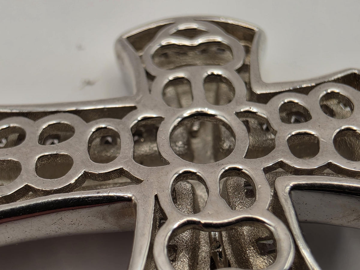 Sterling Silver CZ Crucifix Cross Pendant | Baguette Border Layered Design
