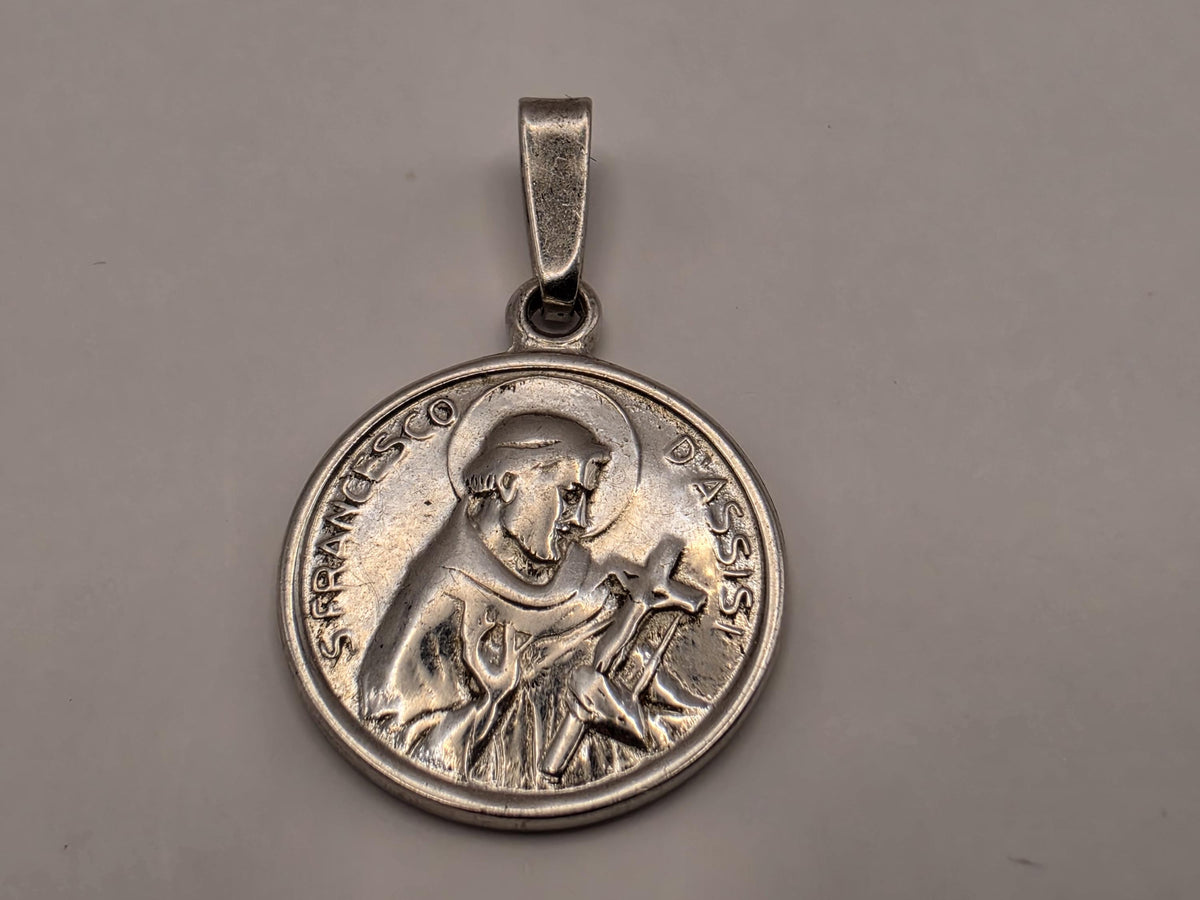 Sterling Silver Saint Francis Medal Pendant | Round Catholic Religious Charm