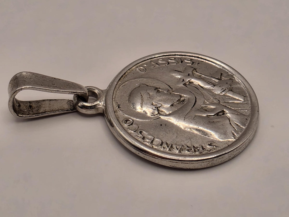 Sterling Silver Saint Francis Medal Pendant | Round Catholic Religious Charm