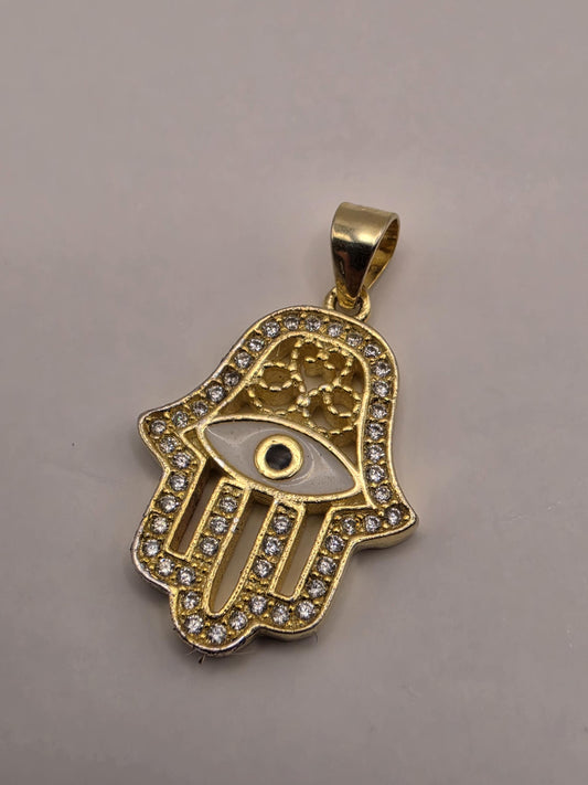 Gold Plated Sterling Silver Hamsa Pendant | Evil Eye CZ Protection Charm