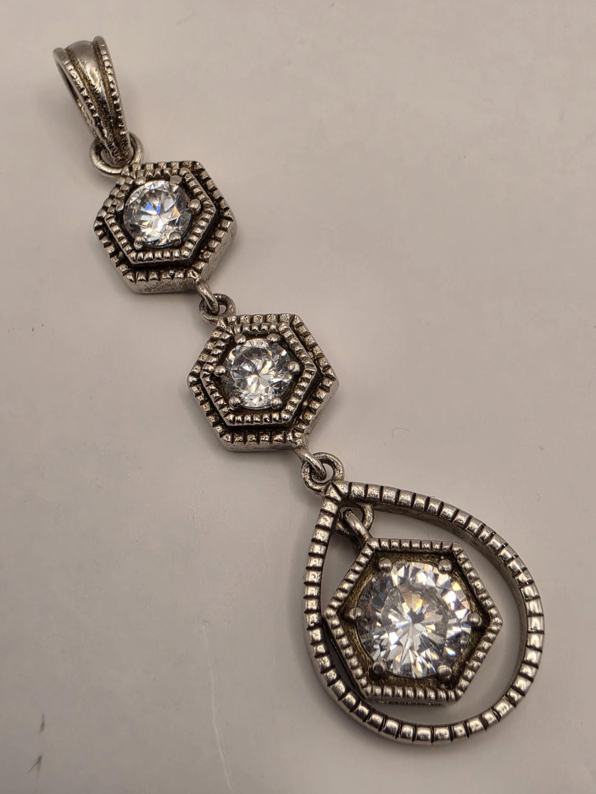 Sterling Silver Art Deco Drop Pendant | Clear Faceted CZ Stone Geometric Design