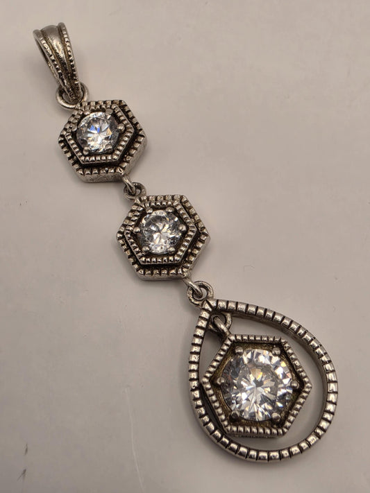 Sterling Silver Art Deco Drop Pendant | Clear Faceted CZ Stone Geometric Design