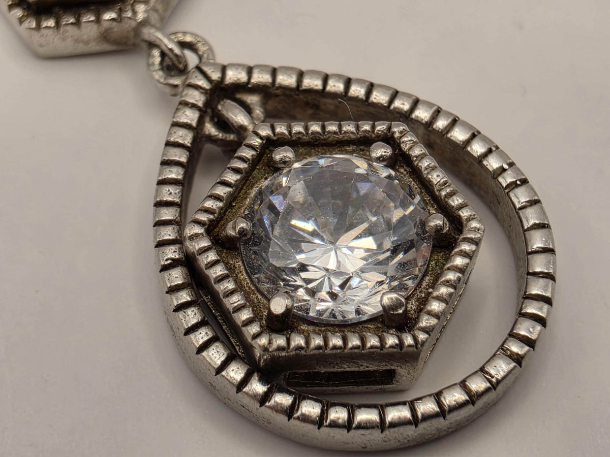 Sterling Silver Art Deco Drop Pendant | Clear Faceted CZ Stone Geometric Design