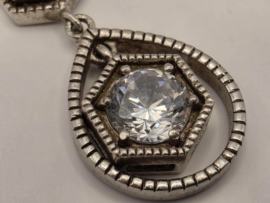 Sterling Silver Art Deco Drop Pendant | Clear Faceted CZ Stone Geometric Design