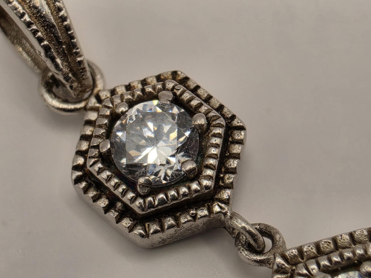 Sterling Silver Art Deco Drop Pendant | Clear Faceted CZ Stone Geometric Design