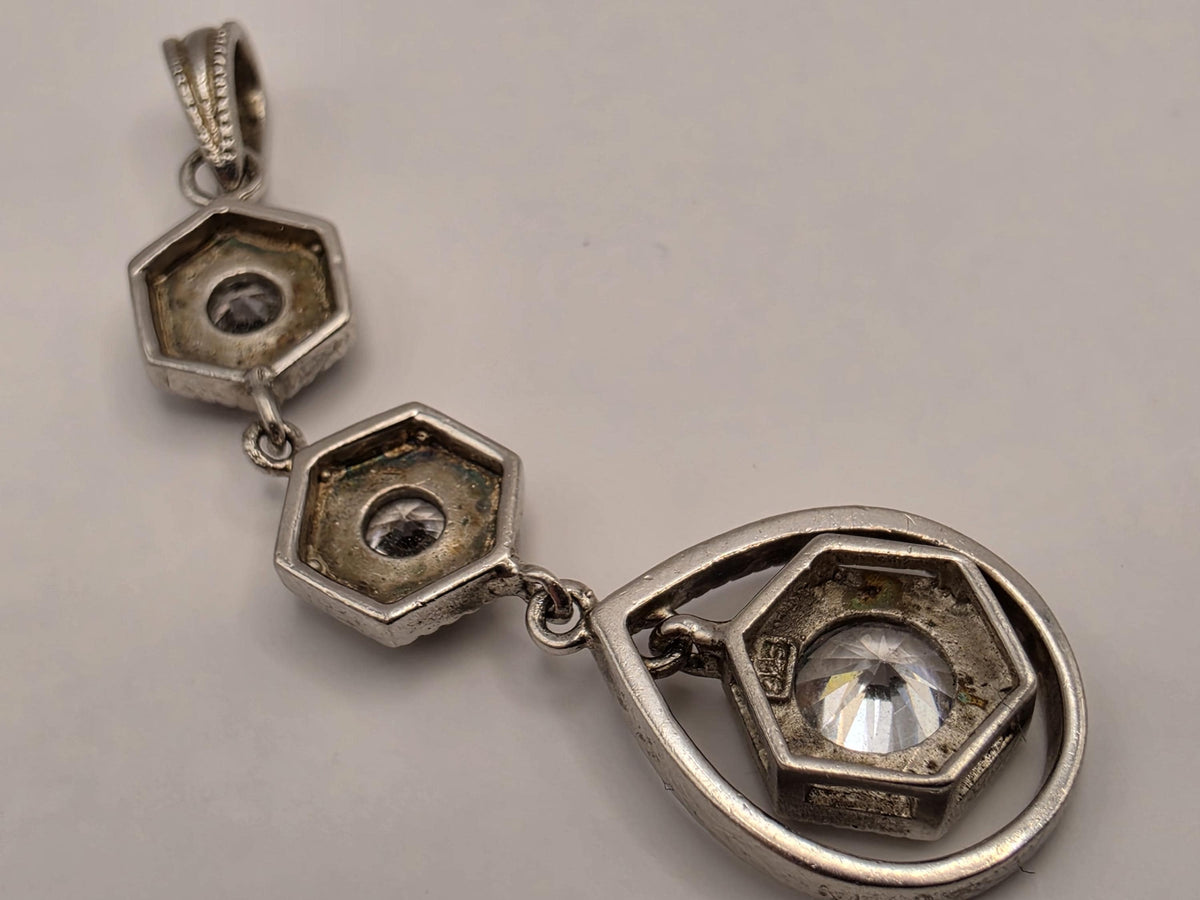 Sterling Silver Art Deco Drop Pendant | Clear Faceted CZ Stone Geometric Design