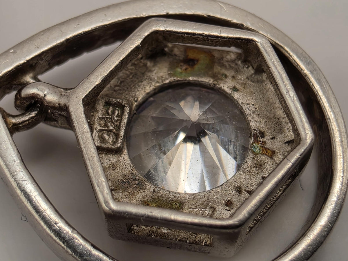 Sterling Silver Art Deco Drop Pendant | Clear Faceted CZ Stone Geometric Design