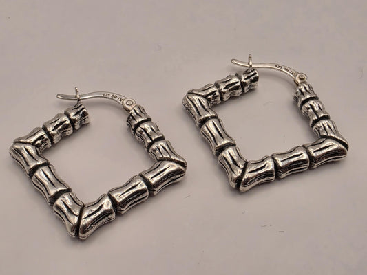 Sterling Silver Square Bamboo Hoop Earrings | Textured Geometric Hoops