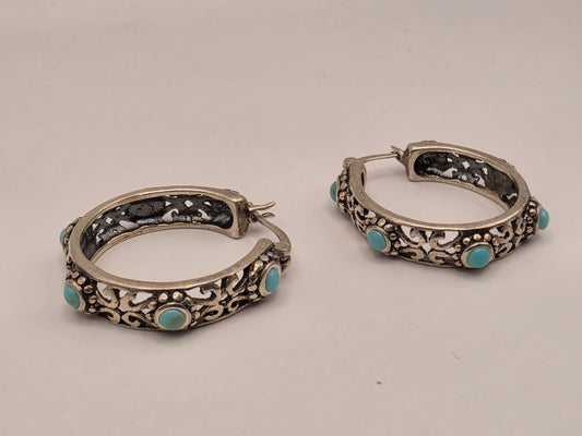 Sterling Silver Turquoise Bali Hoop Earrings | Oxidized Filigree Hoops