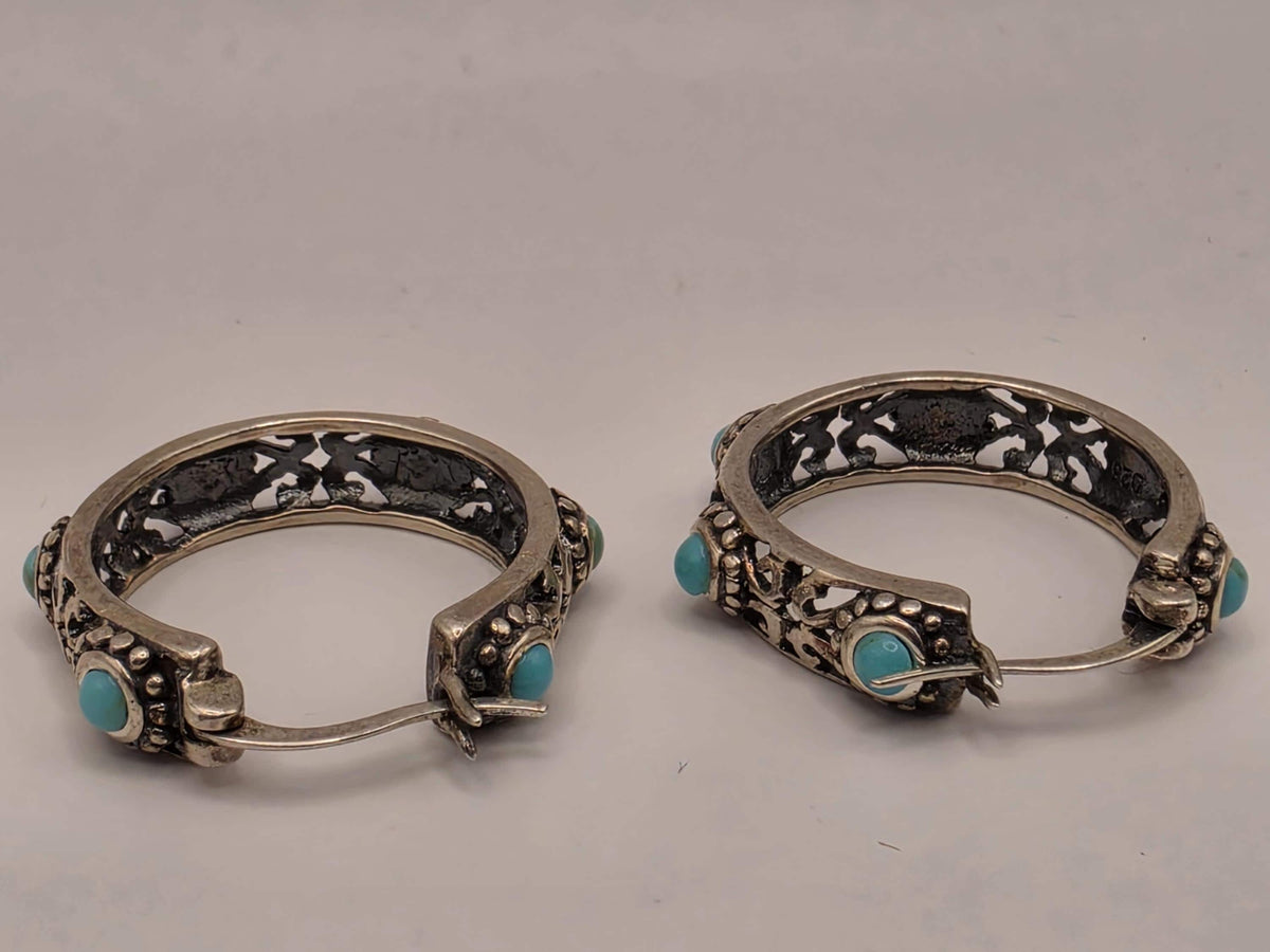 Sterling Silver Turquoise Bali Hoop Earrings | Oxidized Filigree Hoops