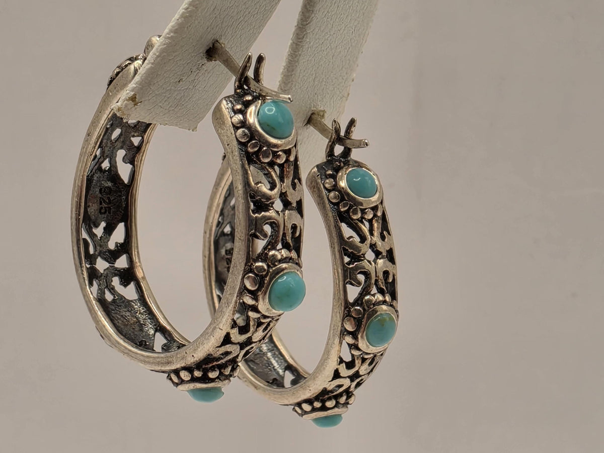 Sterling Silver Turquoise Bali Hoop Earrings | Oxidized Filigree Hoops