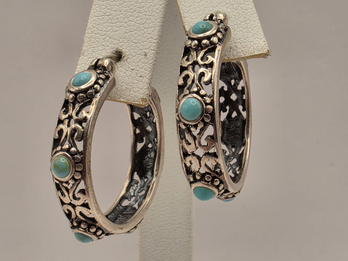 Sterling Silver Turquoise Bali Hoop Earrings | Oxidized Filigree Hoops