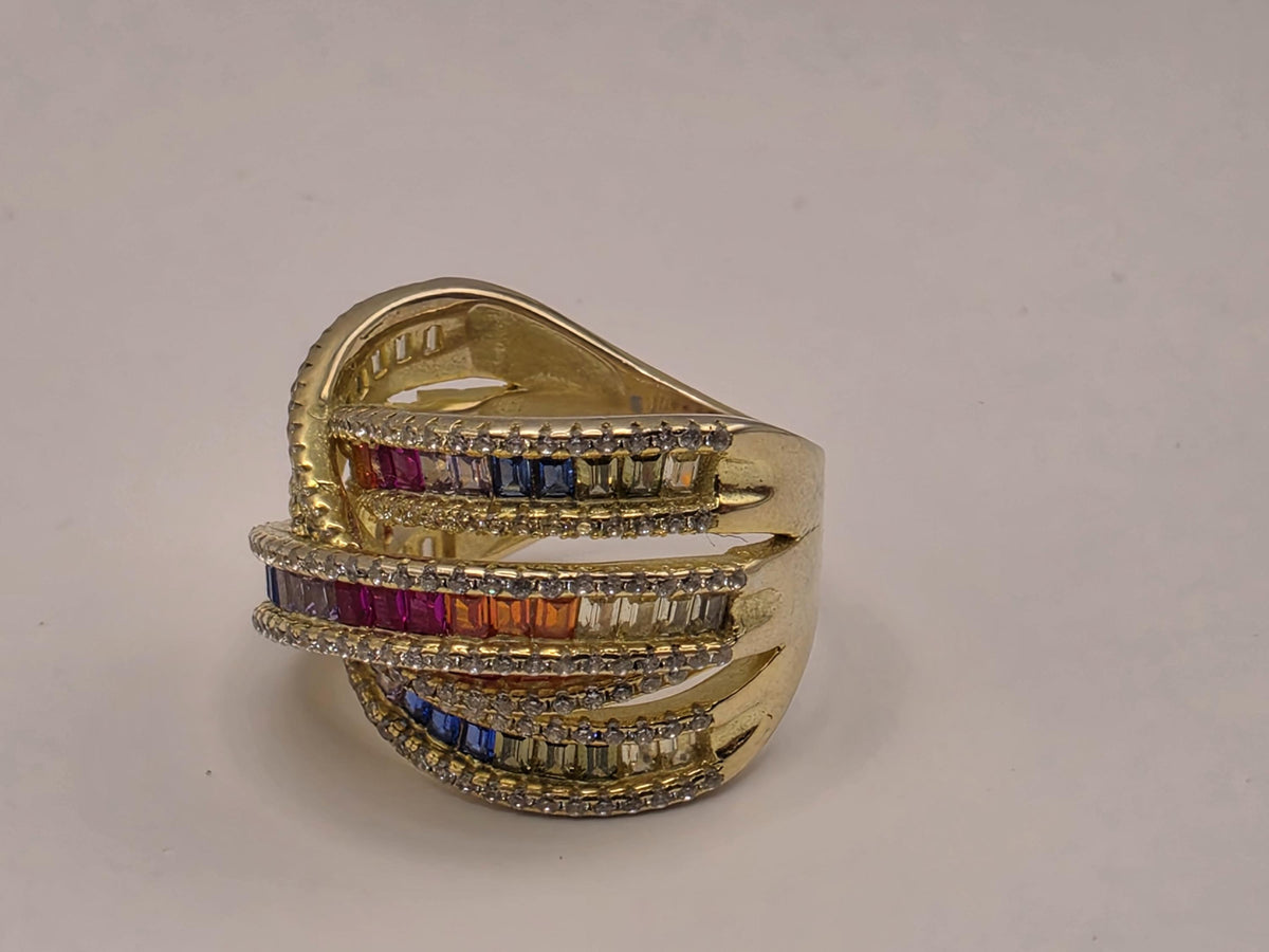 Gold Plated Sterling Silver Rainbow CZ Ring | Wide Crossover Multirow Band, Size 7
