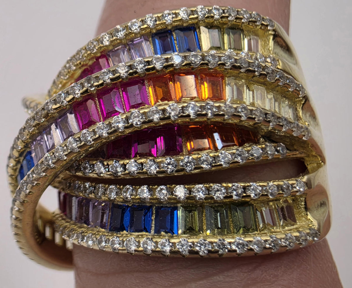 Gold Plated Sterling Silver Rainbow CZ Ring | Wide Crossover Multirow Band, Size 7